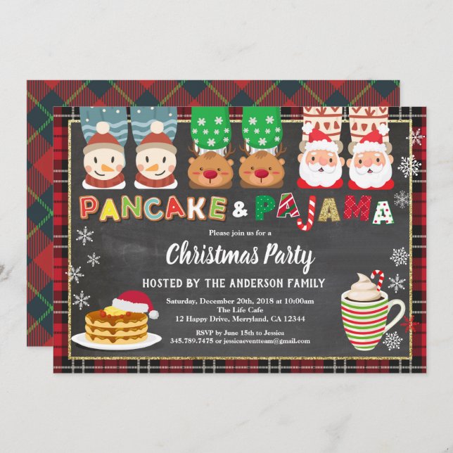 Christmas panackes and pyjamas party red plaid invitation (Front/Back)