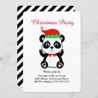 Christmas Panda Bear Elf on White Party Invitation
