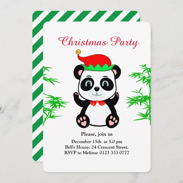 Christmas Panda Bear Elf on White Party Invitation (Front/Back)