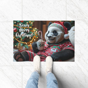 Christmas Panda Bear in Pajamas Personalized Doormat