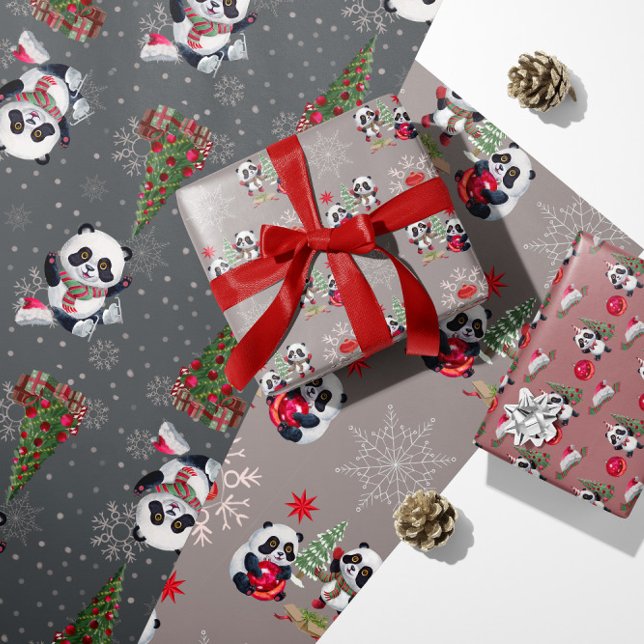 Christmas Panda Bears Ornaments Santa Hats Wrapping Paper Sheet (Creator Uploaded)