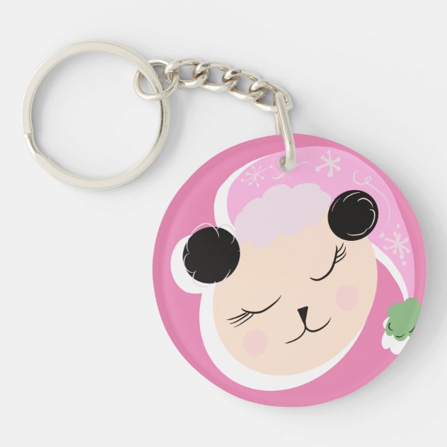 Christmas Panda Doodle Script Name Pink Keychain (Front)