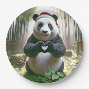Christmas Panda Forming a Heart Paper Plate