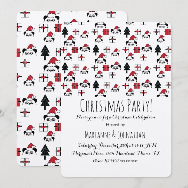 Christmas Panda Presents Holiday Trees Invitation (Front/Back)