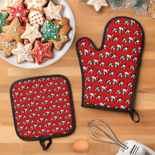 Christmas Pandas Kitchen Towel Oven Mitt & Pot Holder Set (Creator Uploaded)
