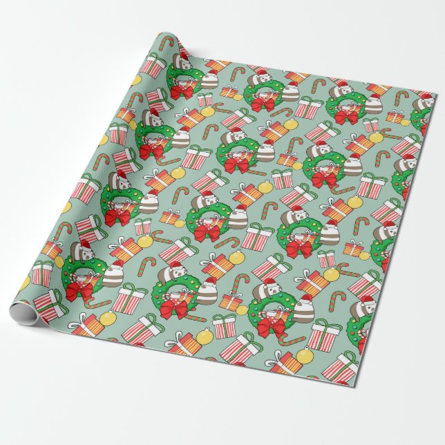 Christmas Pandas Pattern Wrapping Paper (Unrolled)