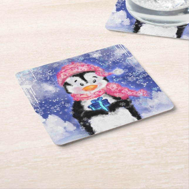 Christmas Paper Coaster Baby Penguin with Gift (Angled)