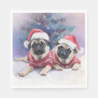  Christmas Paper Napkin with two adorable pugs