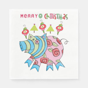 Christmas Paper Napkins, Merry Christmas Pink Pig  Napkin