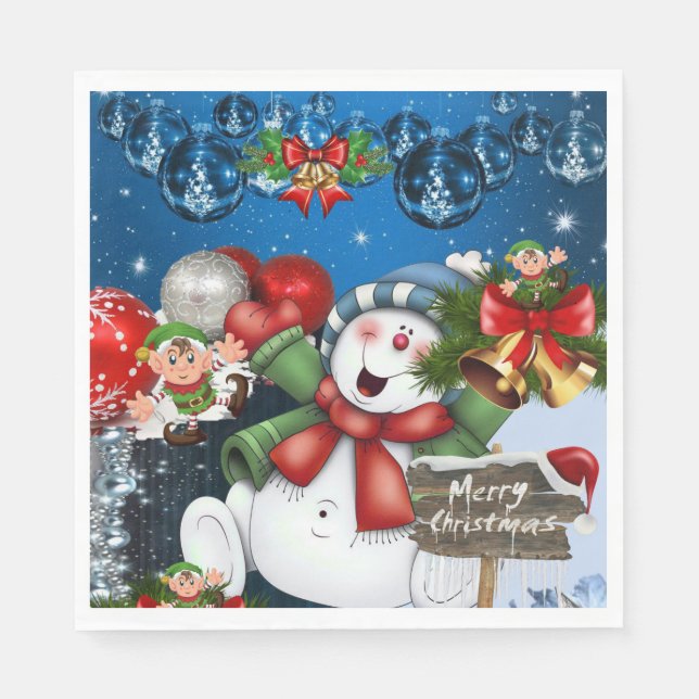 Christmas Paper Napkins, Merry Christmas Snowman Napkin (Front)