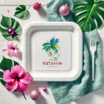 Christmas Paper Plates Cute Tropical Beach<br><div class="desc">Set the scene for your Xmas party with these festive Christmas paper plates featuring a hand-painted tropical design! A jolly Santa stands beneath a charming palm tree on the beach, with the words "Merry Beach-mas" in playful hand-lettered typography. These custom and personalised plates are perfect for a Christmas in July...</div>