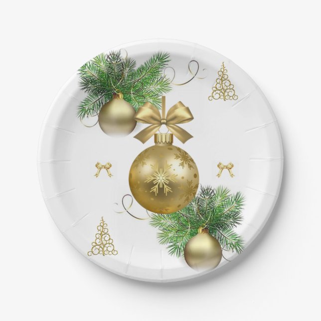 Christmas Paper Plates, Gold Balls Plate (Front)