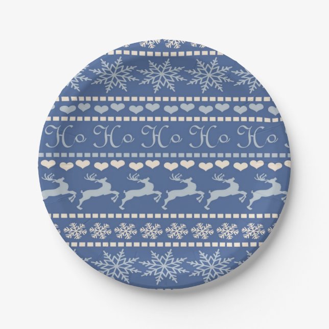 Christmas Paper Plates, Merry Blue Reindeer Paper Plate (Front)
