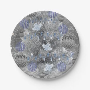 Christmas Paper Plates, Merry Blue Silver Tree Paper Plate