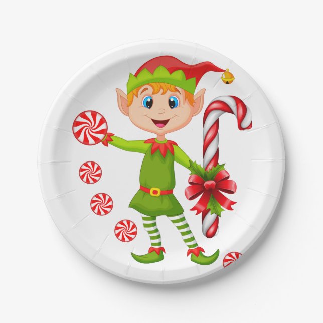 Christmas Paper Plates, Merry Christmas Elf Mint Paper Plate (Front)