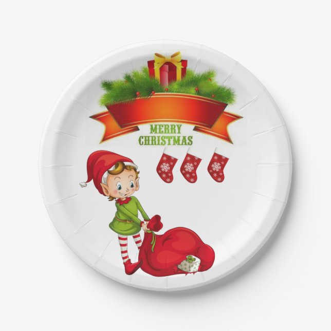 Christmas Paper Plates, Merry Christmas Elf Paper Plate (Front)