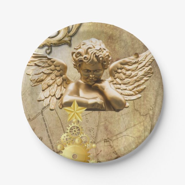 Christmas Paper Plates, Merry Christmas Gold Angel Plate (Front)