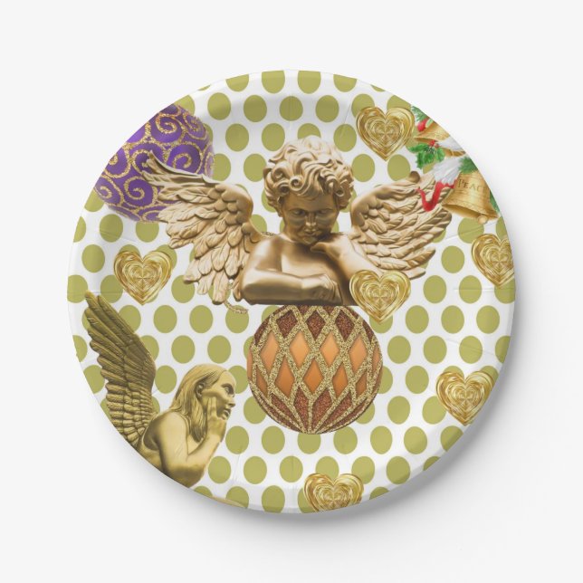 Christmas Paper Plates, Merry Christmas Gold Angel Plate (Front)
