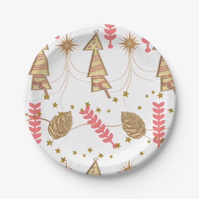Christmas Paper Plates, Merry Christmas Gold Trees Paper Plate (Front)