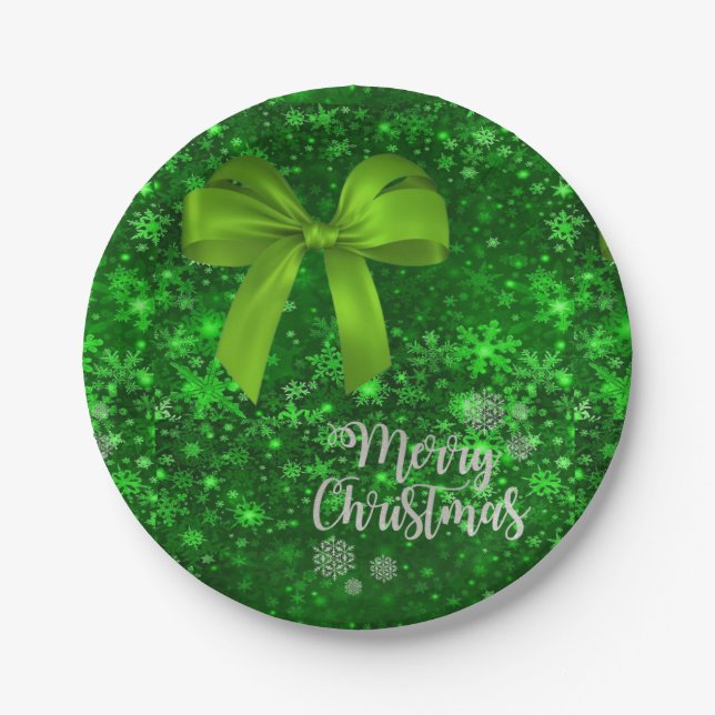 Christmas Paper Plates, Merry Christmas, Green Bow Plate (Front)