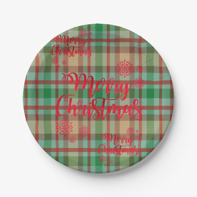 Christmas Paper Plates, Merry Christmas Plaid Paper Plate (Front)