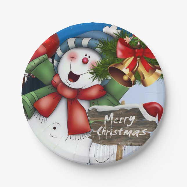 Christmas Paper Plates, Merry Christmas Snowman Paper Plate (Front)