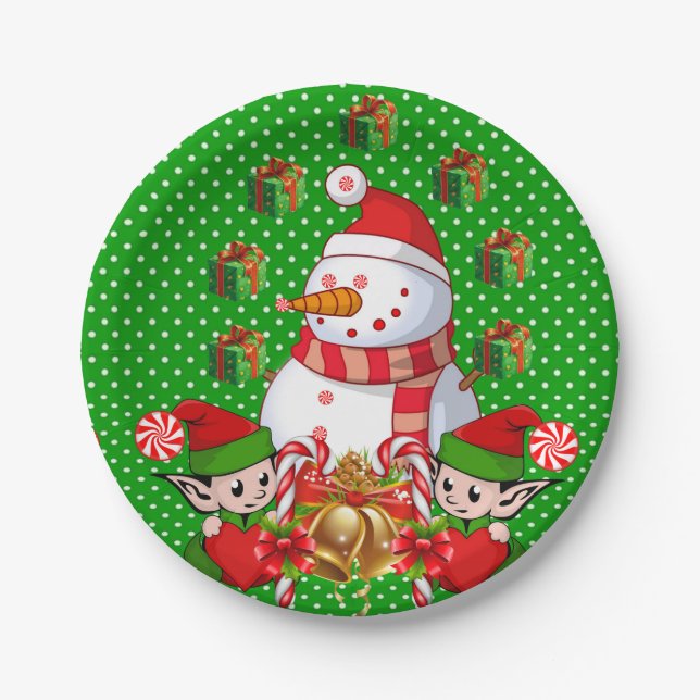 Christmas Paper Plates, Merry Christmas SnowmanElf Paper Plate (Front)