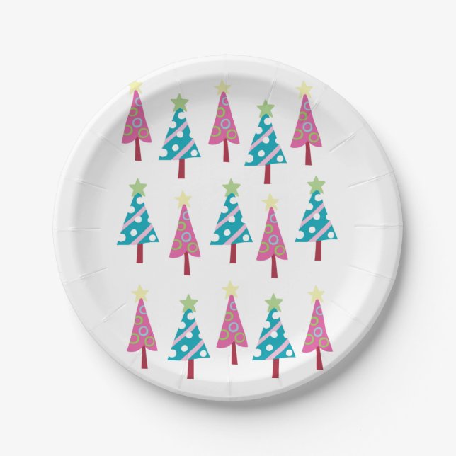 Christmas Paper Plates, Merry Christmas TreesPink  Plate (Front)