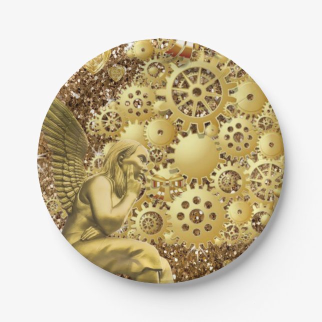 Christmas Paper Plates, Merry Gold Angel Paper Plate (Front)