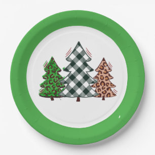 Christmas Paper Plates - Plaid Leopard Tree Set