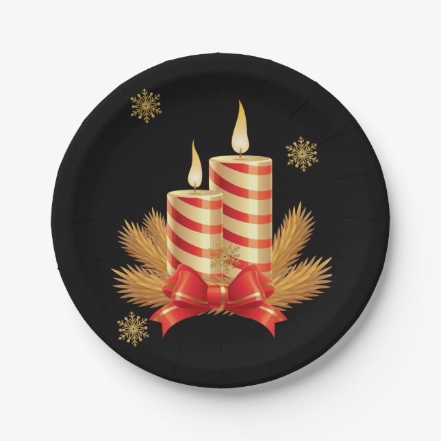 Christmas Paper Plates, Red Gold Christmas Candle Paper Plate (Front)