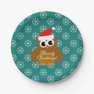 Christmas paper plates Santa owl with snowflakes