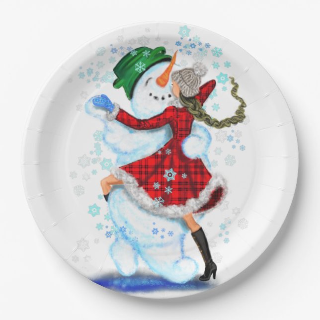 Christmas Paper Plates Snowman and Girl Dance (Front)