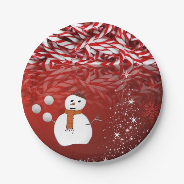 Christmas Paper Plates, Snowman, Candy Cane Paper Plate (Front)