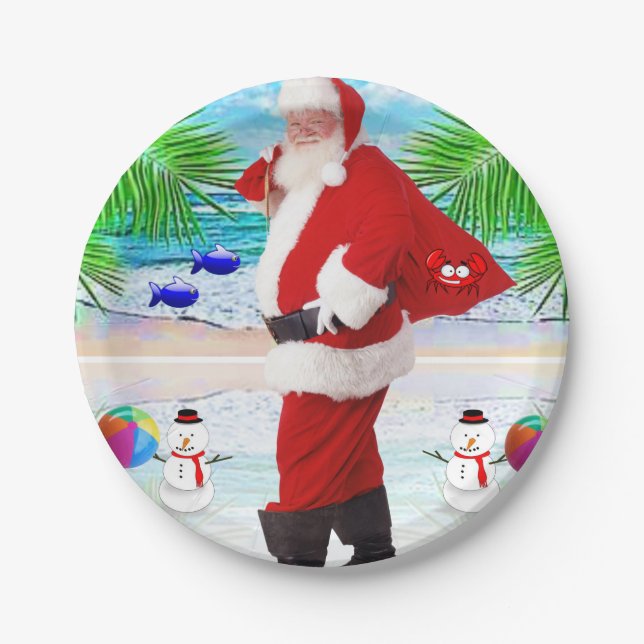 Christmas Paper Plates, Summer Beach Bum Santa Paper Plate (Front)