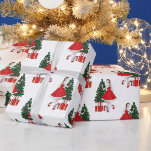 Christmas paper with girl and tree pattern