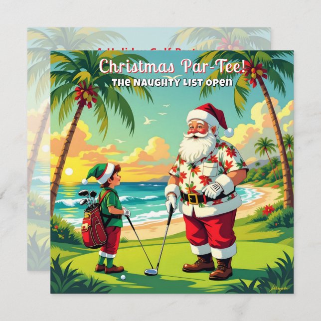 Christmas Par-Tee Fun Tropical Golf Santa Party SQ Invitation (Front/Back)