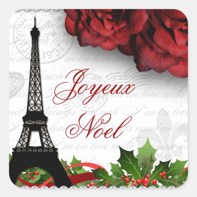 Christmas Paris Eiffel Tower Zebra Rose Flower Square Sticker (Front)
