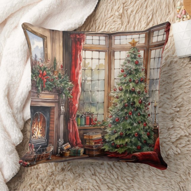 Christmas Parlour Window Tree Red Cushion (Blanket)