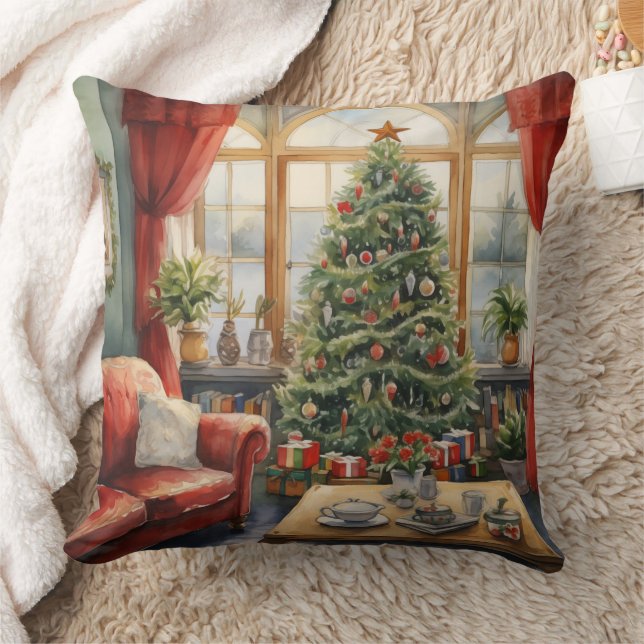 Christmas Parlour Window Tree Red Cushion (Blanket)