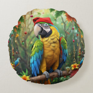 Christmas Parrot As Santa Claus-76349 Round Cushion