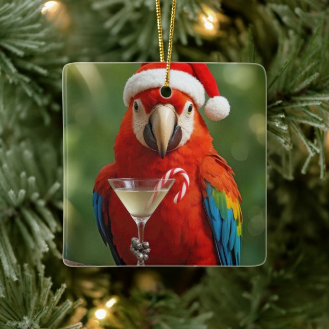 Christmas Parrot Holding a Cocktail Ceramic Ornament (Tree)