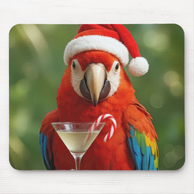 Christmas Parrot Holding a Cocktail Mouse Mat (Front)