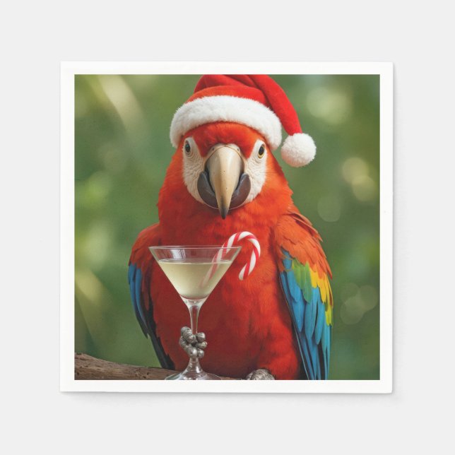Christmas Parrot Holding a Cocktail Napkin (Front)