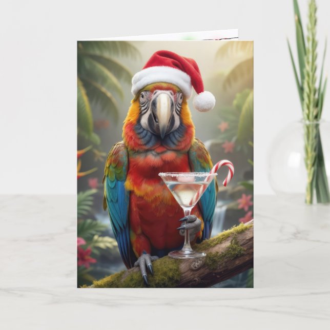 Christmas Parrot Holding a Martini Cocktail Card (Front)