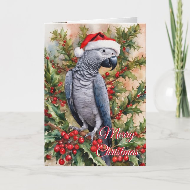 Christmas parrot holiday card African grey (Front)