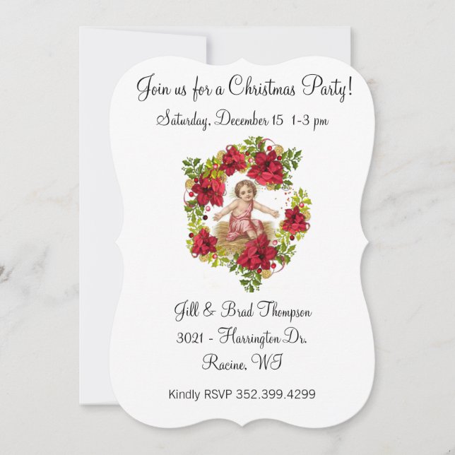Christmas Party Baby Jesus Floral Wreath Invitation (Front)