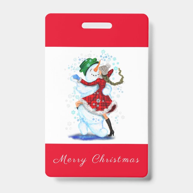 Christmas Party Badge Snowman and Girl Dance ID Badge (Front)