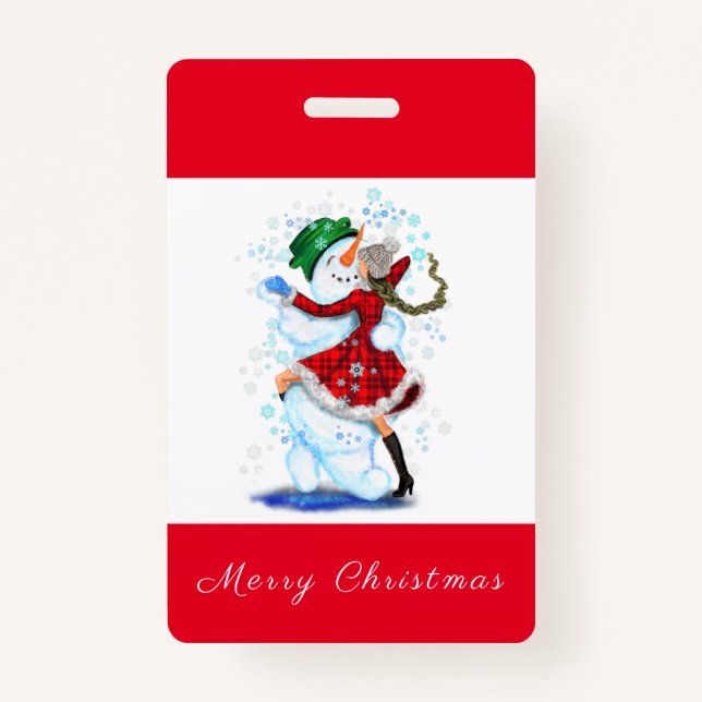 Christmas Party Badge Snowman and Girl Dance ID Badge (Front)