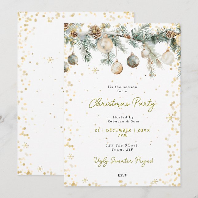 Christmas party baubles pine tree invitation (Front/Back)